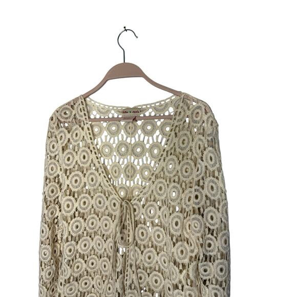 Toffee Apple Cardigan Large Crochet Open Knit Sheer Sweater Cream Boho Beige - Picture 2 of 5